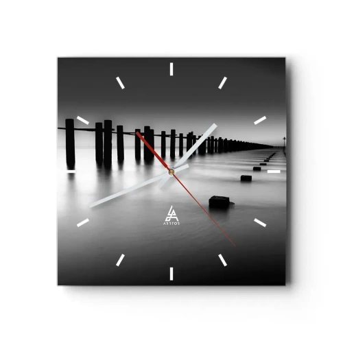 Reloj de pared - Reloj de vidrio - Postes de madera y bloques de hormigón sumergidos en agua en tonos blanco y negro - 30x30cm - Valles grises en la niebla - Decoración de pared moderna para salón y dormitorio ARTTOR