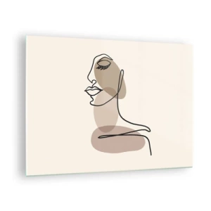 Cuadro sobre vidrio - Impresiones sobre Vidrio - Retrato del rostro de una mujer en estilo minimalista y abstracto. - 70x50cm - Escucharse a sí misma - Decoración de pared moderna para salón y dormitorio ARTTOR