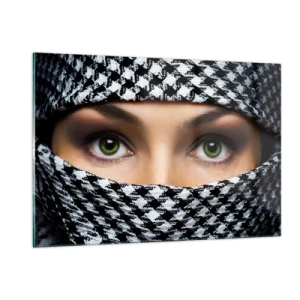 Cuadro sobre vidrio - Impresiones sobre Vidrio - Ojos verdes rodeados de un patrón blanco y negro. - 120x80cm - Hermosa mirada de ojos verdes - Decoración de pared moderna para salón y dormitorio ARTTOR