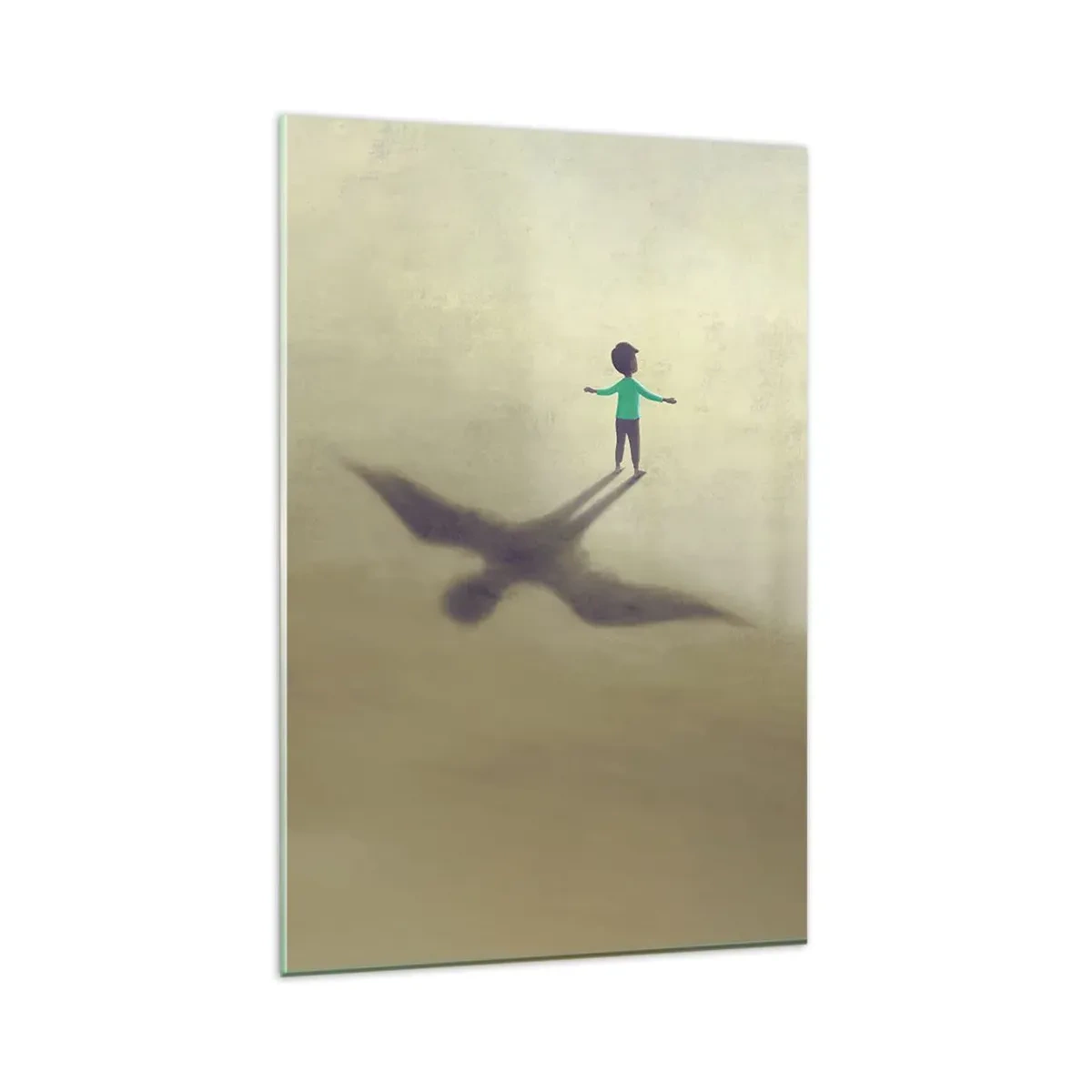 Cuadro sobre vidrio - Impresiones sobre Vidrio - Una figura simbólica de un niño con la sombra de un pájaro sobre un fondo de tonos cálidos. - 80x120cm - Héroe del futuro - Decoración de pared moderna para salón y dormitorio ARTTOR