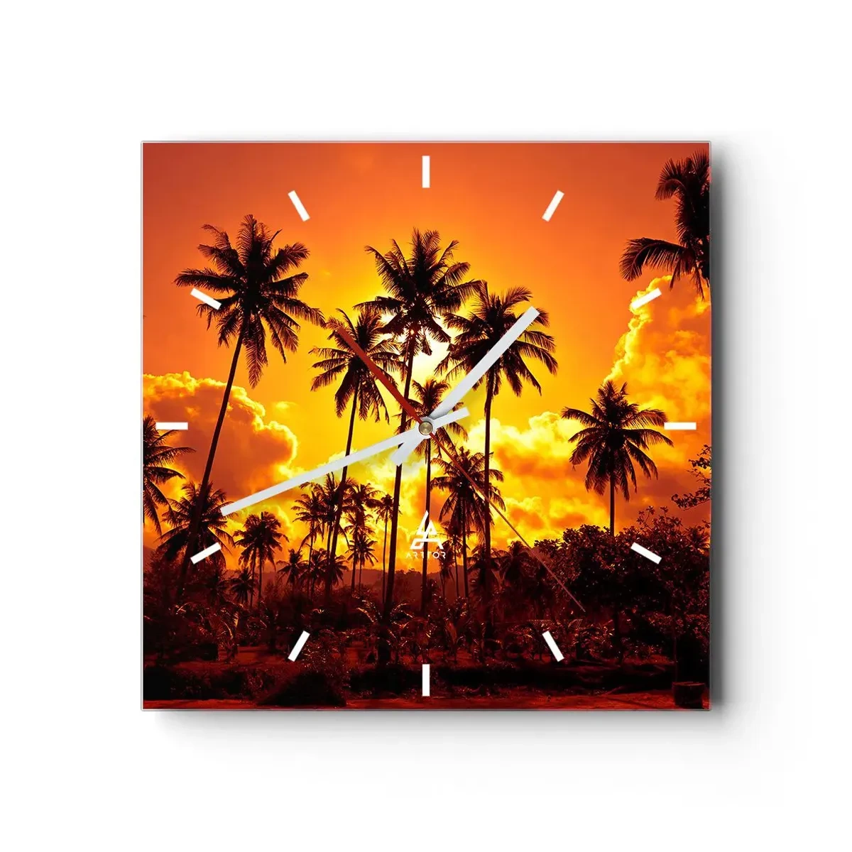 Reloj de pared - Reloj de vidrio - Palmeras contra un cielo dorado durante una puesta de sol tropical - 30x30cm - Las montañas arden, los bosques arden - Decoración de pared moderna para salón y dormitorio ARTTOR