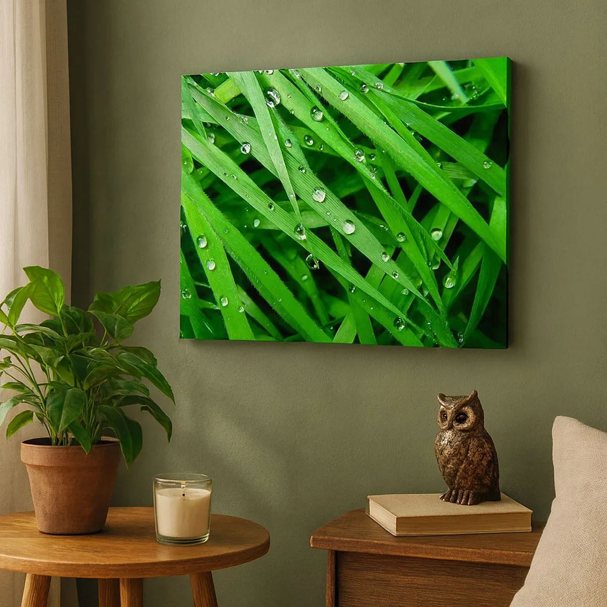 Cuadro sobre lienzo - Impresión de Imagen - Primer plano de hojas verdes de hierba con gotas de rocío - 70x50cm - Jugar al verde - Decoración de pared moderna para salón y dormitorio ARTTOR