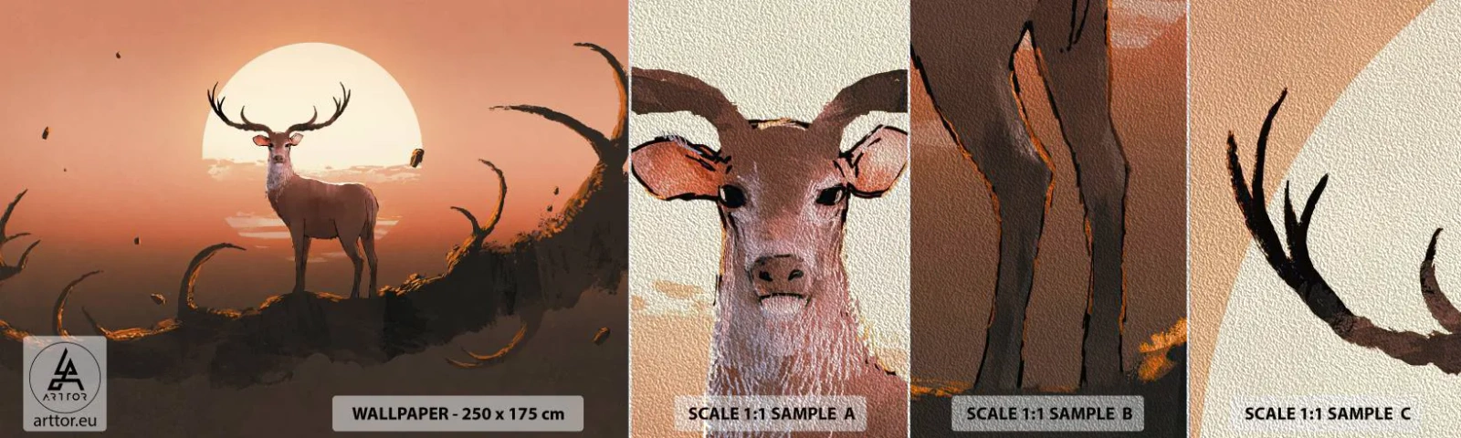 Muestra de fotomural Premium Sand - Esta noche es diferente a cualquier otra - Abstracción, Ciervo, Pedazo - 100x30 cm