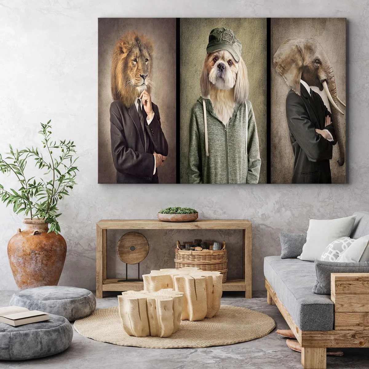 Cuadro sobre lienzo - Impresión de Imagen - Retratos estilizados de un león, un perro y un elefante con ropa elegante. - 70x50cm - Prefiero tomármelo con calma - Decoración de pared moderna para salón y dormitorio ARTTOR