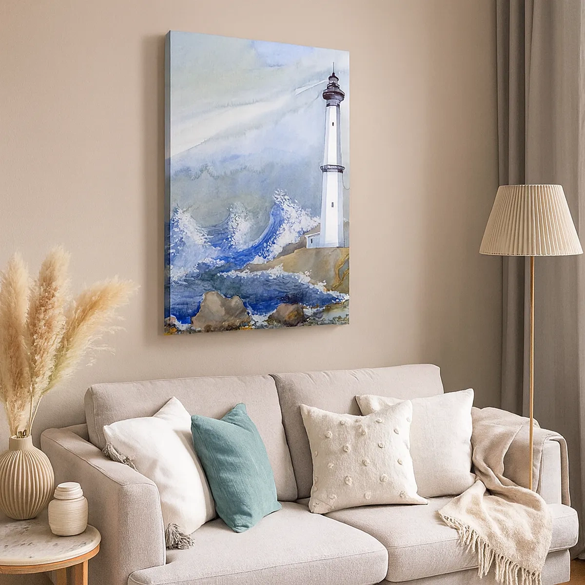 Cuadro sobre lienzo - Impresión de Imagen - Un faro en una costa rocosa con mar agitado. - 50x70cm - Contra la oscuridad y la tormenta - Decoración de pared moderna para salón y dormitorio ARTTOR