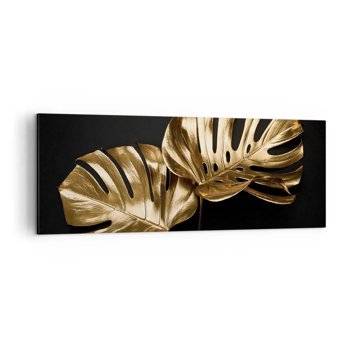 Cuadro sobre lienzo - Impresión de Imagen - Hojas de monstera doradas sobre fondo negro - 140x50cm - Tesoros de la naturaleza - Decoración de pared moderna para salón y dormitorio ARTTOR