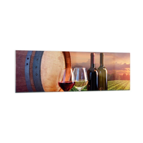 Cuadro sobre vidrio - Impresiones sobre Vidrio - Vino, copas y un barril en un paisaje pintoresco. - 160x50cm - Aquí la vida tiene un sabor - Decoración de pared moderna para salón y dormitorio ARTTOR
