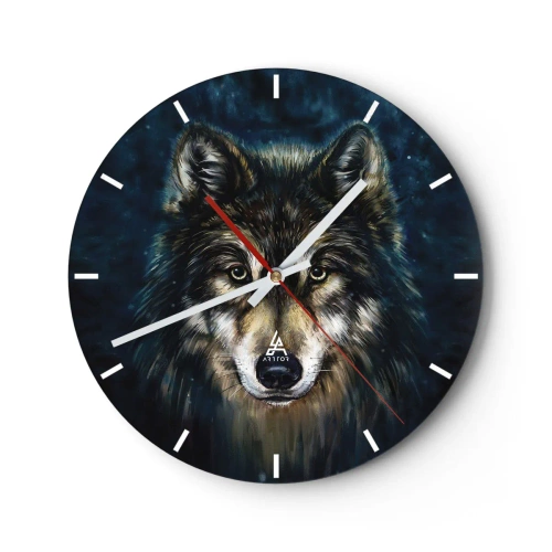 Reloj de pared - Reloj de vidrio - Retrato de un lobo contra un cielo nocturno azul oscuro - 30x30cm - ¿Alfa? Y omega - Decoración de pared moderna para salón, cocina y dormitorio ARTTOR