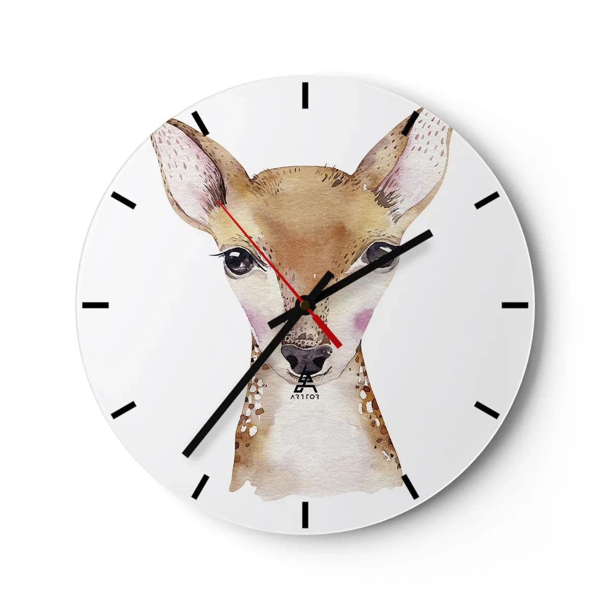 Reloj de pared - Reloj de vidrio - Ilustración en acuarela de un corzo sobre un fondo blanco - 30x30cm - La naturaleza de la inocencia - Decoración de pared moderna para salón, cocina y dormitorio ARTTOR