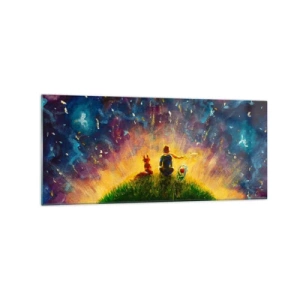 Cuadro sobre vidrio - Impresiones sobre Vidrio - Figuras en una colina verde rodeada de un cielo estrellado. - 120x50cm - Amor y amistad - lo único entero - Decoración de pared moderna para salón y dormitorio ARTTOR