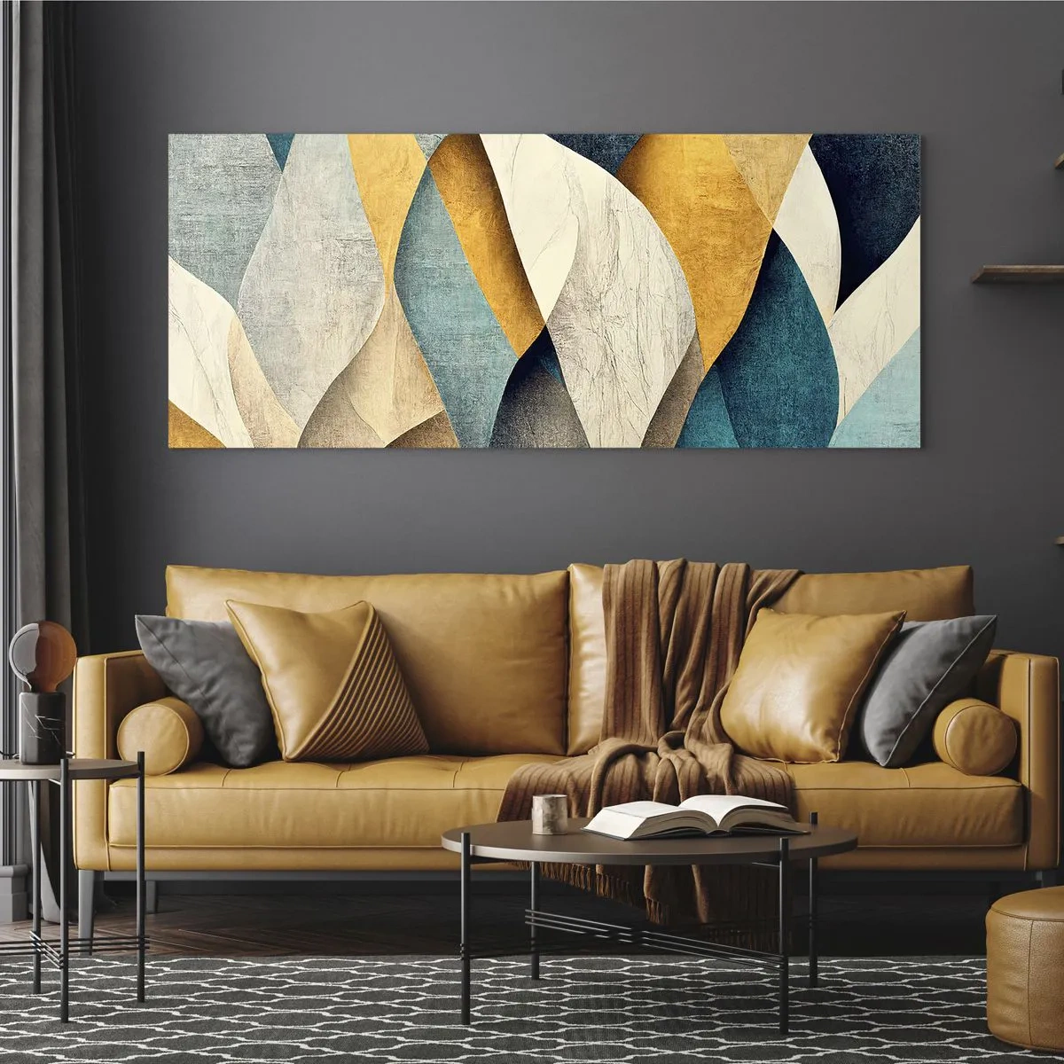 Cuadro sobre vidrio - Impresiones sobre Vidrio - Ondas abstractas en tonos azules y dorados. - 120x50cm - Ritmo y ondulación - Decoración de pared moderna para salón y dormitorio ARTTOR