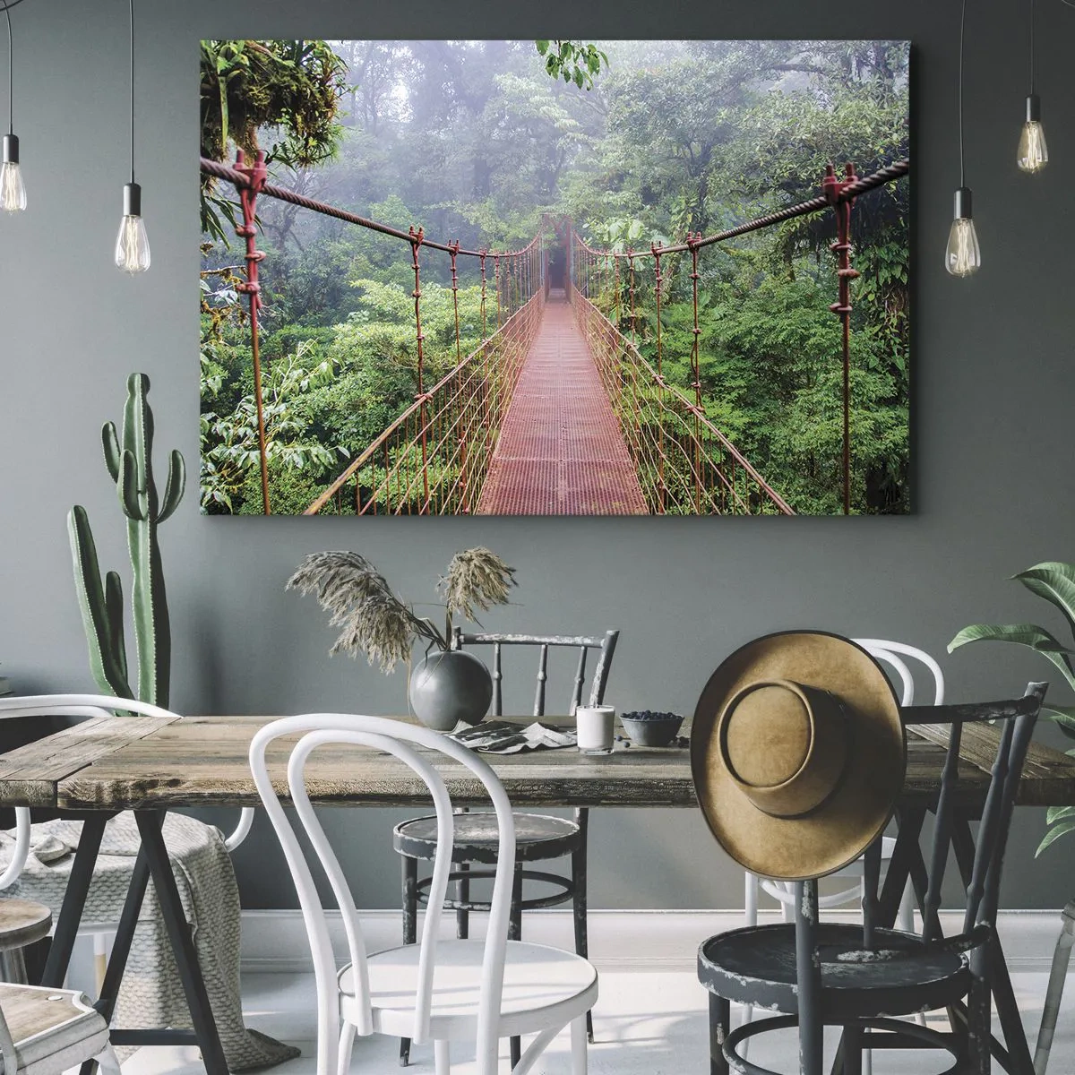 Cuadro sobre lienzo - Impresión de Imagen - Un puente colgante en una selva tropical rodeado de niebla. - 120x80cm - Suspendido sobre las copas - Decoración de pared moderna para salón y dormitorio ARTTOR