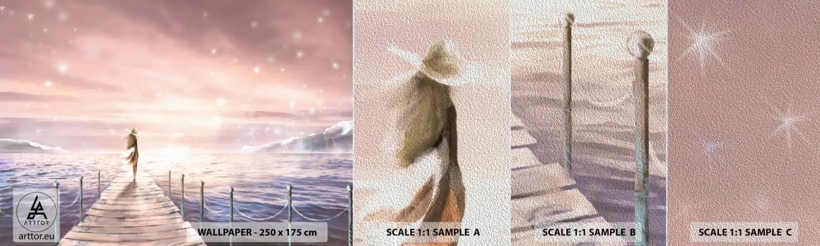 Muestra de fotomural Premium Sand - A la luz de un sueño - Paisaje, Mujer, Mar - 100x30 cm