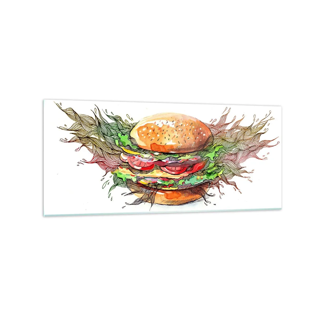 Cuadro sobre vidrio - Impresiones sobre Vidrio - Ilustración artística de una hamburguesa con elementos dinámicos. - 120x50cm - Tentación irresistible - Decoración de pared moderna para salón y dormitorio ARTTOR