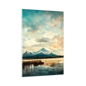 Cuadro sobre vidrio - Impresiones sobre Vidrio - Un paisaje pintoresco con una montaña y un lago tranquilo. - 80x120cm - Bajo la protección del cielo - Decoración de pared moderna para salón y dormitorio ARTTOR