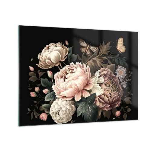Cuadro sobre vidrio - Impresiones sobre Vidrio - Composición floral con mariposas sobre fondo negro. - 70x50cm - En estilo barroco - Decoración de pared moderna para salón y dormitorio ARTTOR