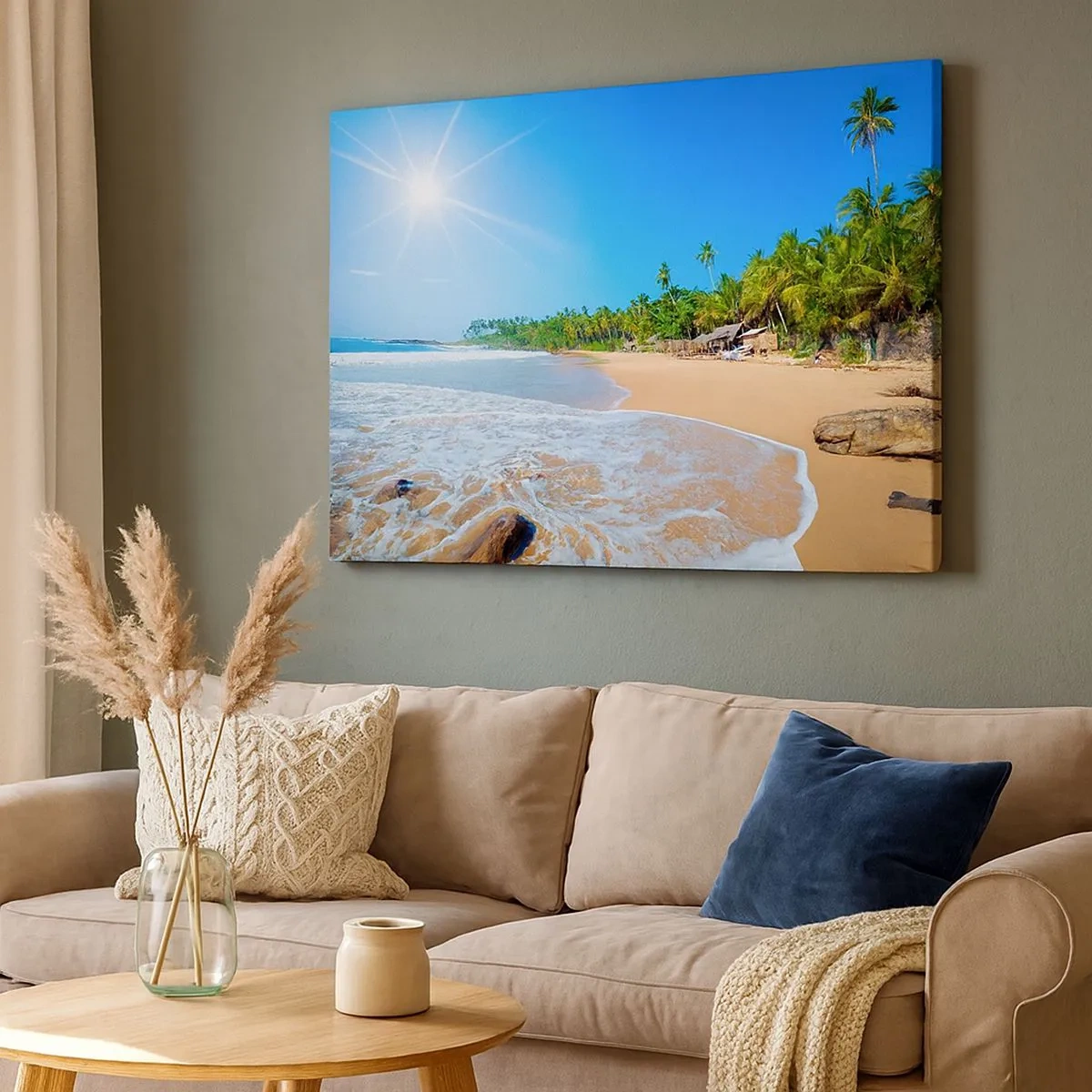 Cuadro sobre lienzo - Impresión de Imagen - Playa tropical con palmeras y cielo azul. - 70x50cm - Un lugar exótico para ti - Decoración de pared moderna para salón y dormitorio ARTTOR