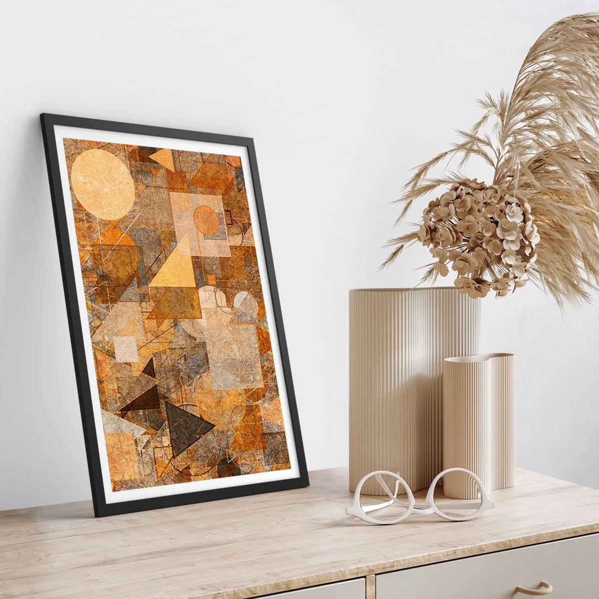 Póster en marco negro - Composición geométrica abstracta en tonos marrones y naranjas. - 50x70cm - Estudio cubista en bronce - Decoración de pared moderna para salón y dormitorio ARTTOR
