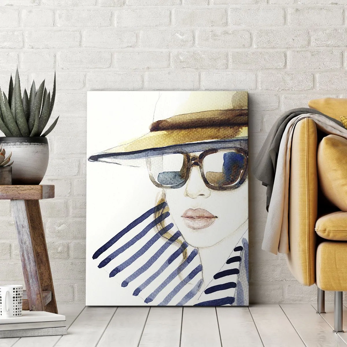 Cuadro sobre lienzo - Impresión de Imagen - Retrato de una mujer con sombrero y gafas de sol. - 80x120cm - ¡Florida le da la bienvenida! - Decoración de pared moderna para salón y dormitorio ARTTOR