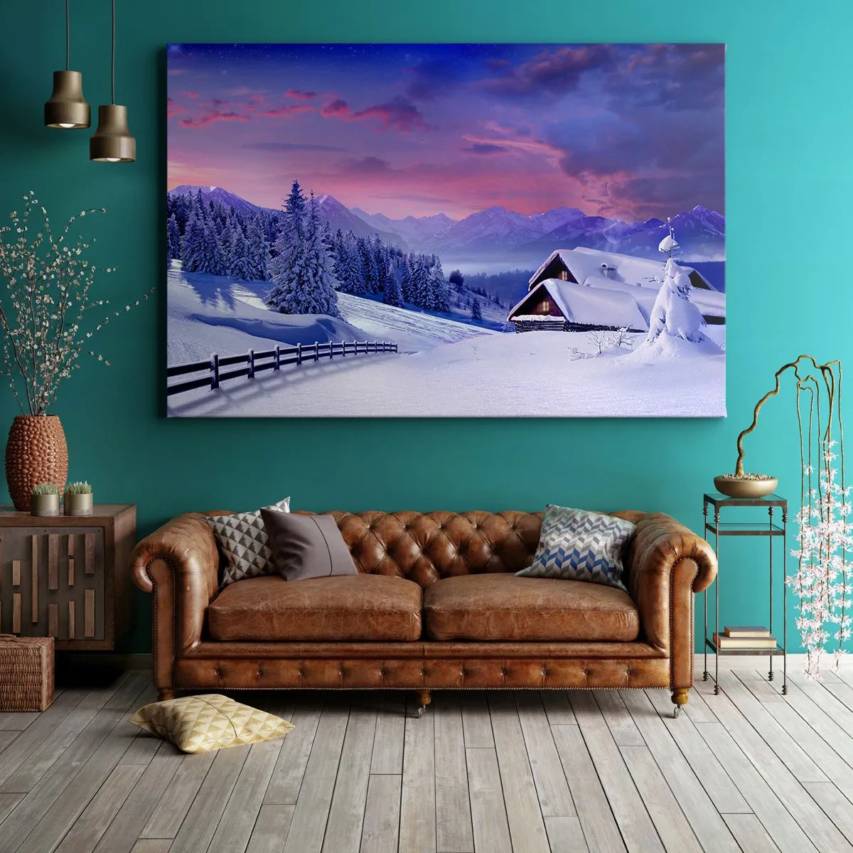 Cuadro sobre lienzo - Impresión de Imagen - Paisaje invernal con cabañas de montaña al atardecer - 70x50cm - Noche de silencio - Decoración de pared moderna para salón y dormitorio ARTTOR