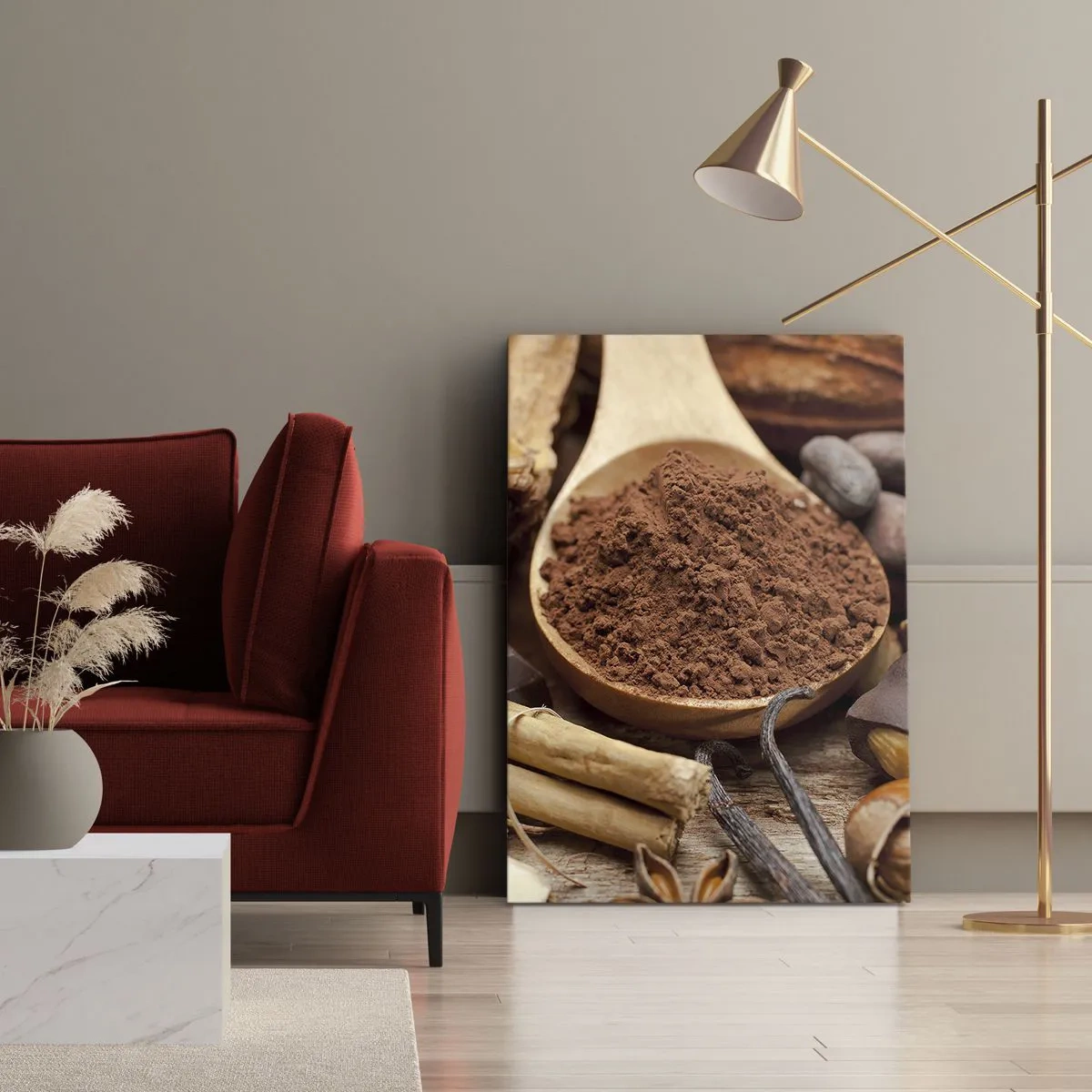 Cuadro sobre lienzo - Impresión de Imagen - Una cucharada de ingredientes de cacao y chocolate en un arreglo rústico. - 70x100cm - Lo mejor para las penas - Decoración de pared moderna para salón y dormitorio ARTTOR