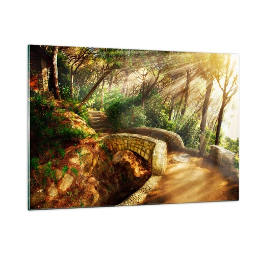 Cuadro sobre vidrio - Impresiones sobre Vidrio - Los rayos del sol iluminan el puente y el sendero del bosque. - 120x80cm - Directamente desde el puente hacia el bosque de las hadas - Decoración de pared moderna para salón y dormitorio ARTTOR