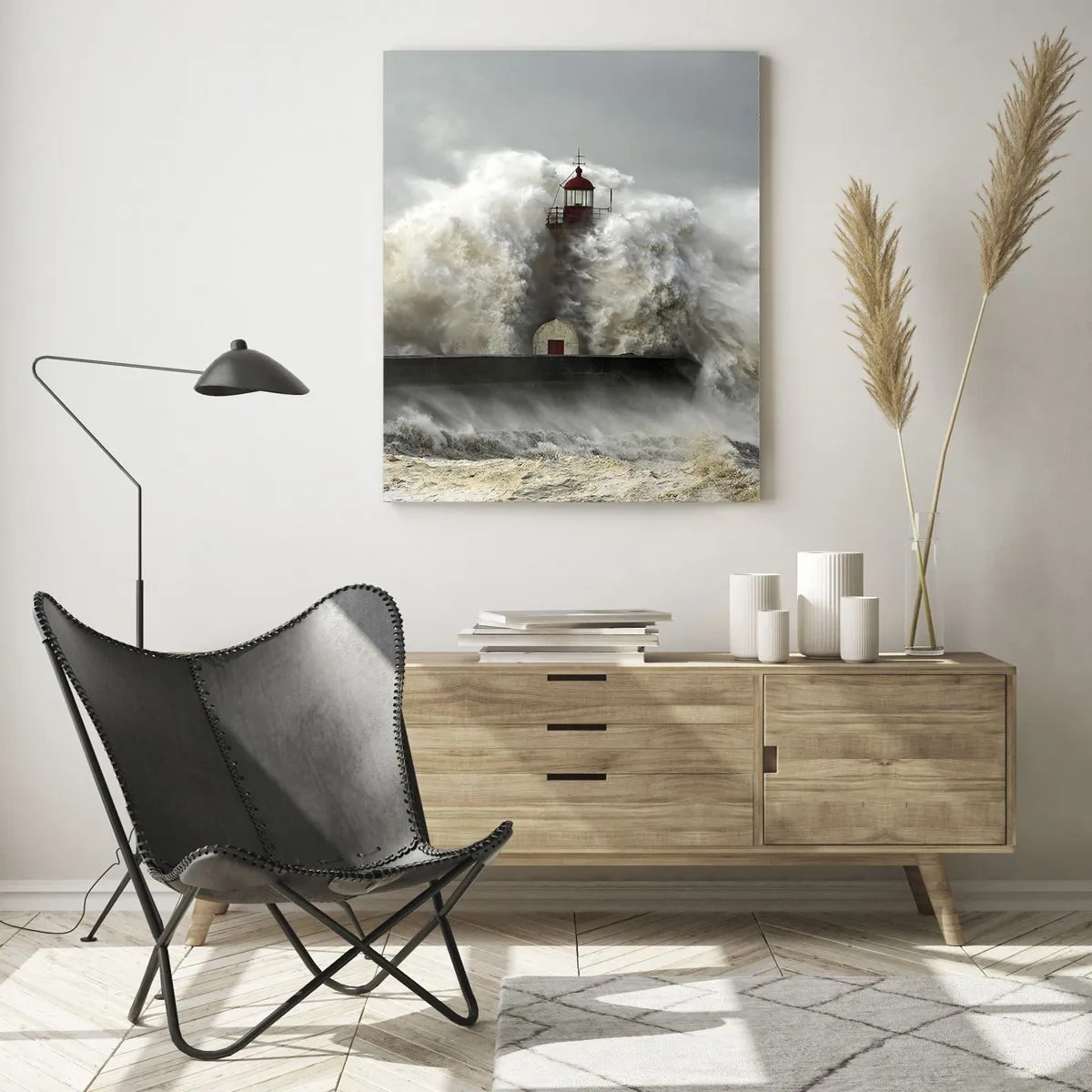 Cuadro sobre vidrio - Impresiones sobre Vidrio - Un faro rodeado de fuertes olas durante una tormenta. - 70x100cm - La furia del océano - Decoración de pared moderna para salón y dormitorio ARTTOR
