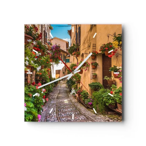 Reloj de pared - Reloj de vidrio - Una calle encantadora llena de flores y macetas. - 30x30cm - Callejón italiano - Decoración de pared moderna para salón y dormitorio ARTTOR