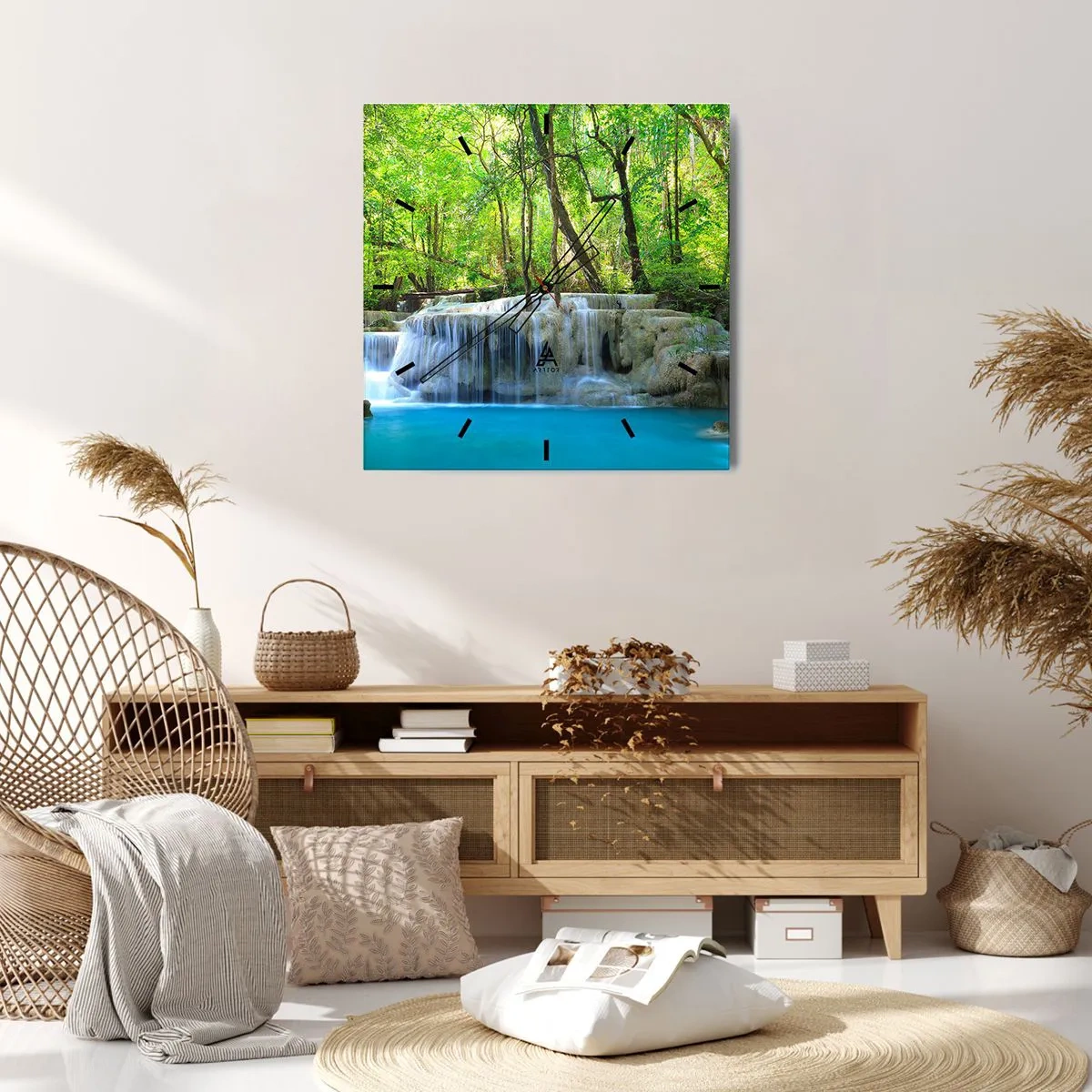 Reloj de pared - Reloj de vidrio - Una cascada entre árboles verdes con agua azul en un entorno natural. - 30x30cm - Ahogarse en turquesa y verde - Decoración de pared moderna para salón y dormitorio ARTTOR