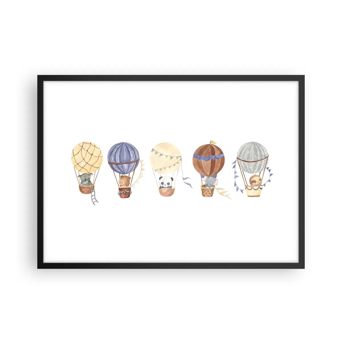 Póster en marco negro - Lindos animales en globos sobre un fondo blanco. - 70x50cm - Amigos de viaje - Decoración de pared moderna para salón y dormitorio ARTTOR