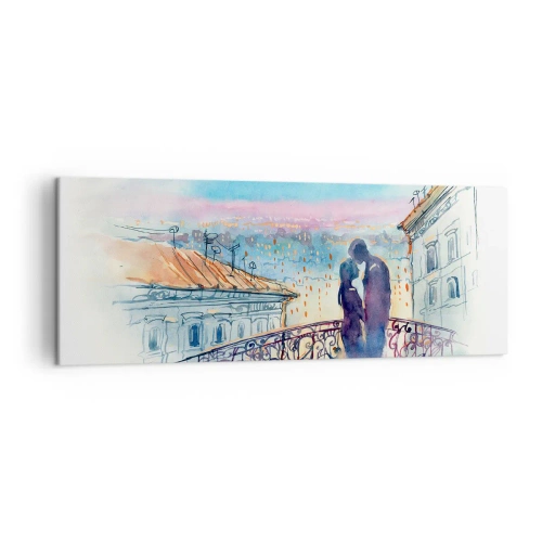 Cuadro sobre lienzo - Impresión de Imagen - Pareja romántica en un balcón con vistas a la ciudad. - 140x50cm - Los amantes de París - Decoración de pared moderna para salón y dormitorio ARTTOR