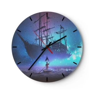 Reloj de pared - Reloj de vidrio - Un velero a la luz de las estrellas en un mar en calma con un barco. - 30x30cm - El encuentro con el mito del mar - Decoración de pared moderna para salón, cocina y dormitorio ARTTOR