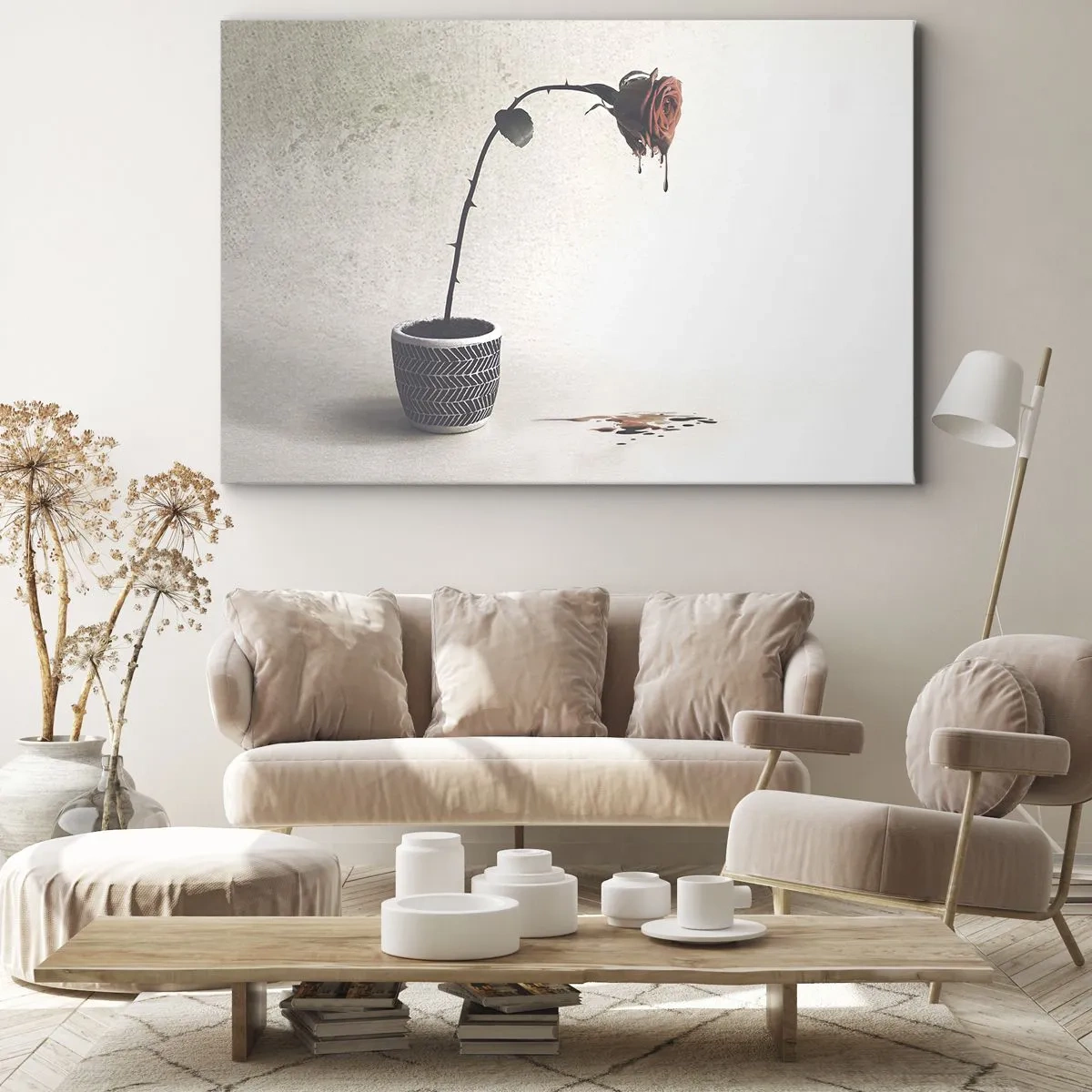 Cuadro sobre lienzo - Impresión de Imagen - Una rosa roja en una maceta con gotas de tinte sobre un fondo blanco. - 120x80cm - Rosa dolorosa - Decoración de pared moderna para salón y dormitorio ARTTOR