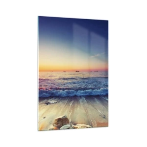 Cuadro sobre vidrio - Impresiones sobre Vidrio - Puesta de sol sobre un mar tranquilo con olas - 70x100cm - ¿Y qué hay tras el horizonte? - Decoración de pared moderna para salón y dormitorio ARTTOR