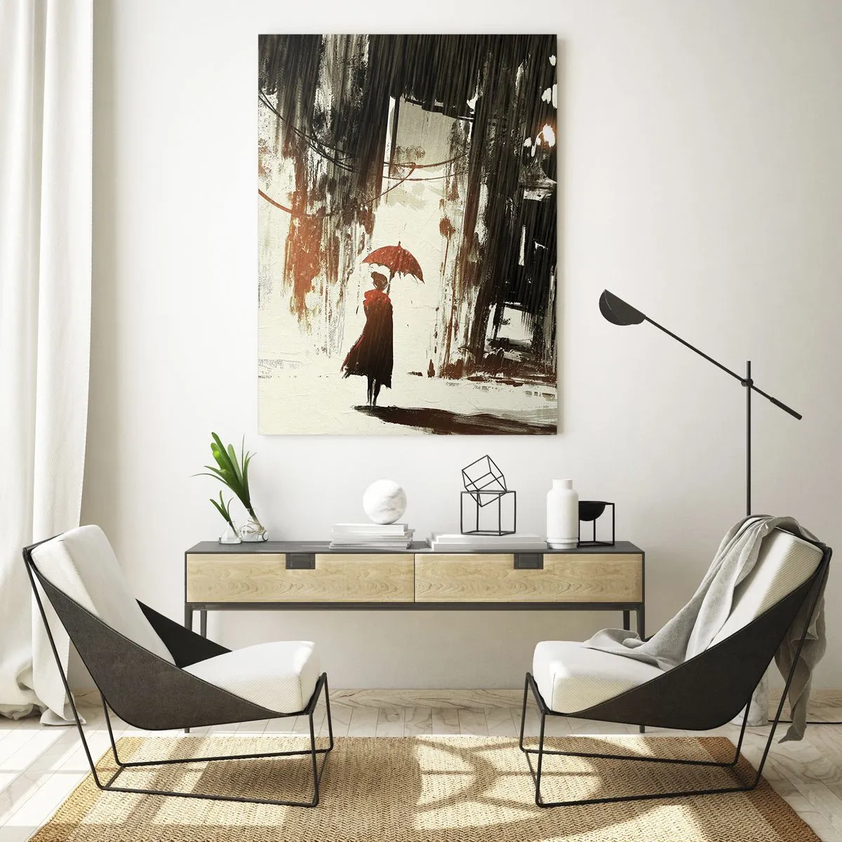 Cuadro sobre vidrio - Impresiones sobre Vidrio - Una figura roja con un paraguas en una escena lluviosa. - 70x100cm - Poesía de un paraguas rojo - Decoración de pared moderna para salón y dormitorio ARTTOR