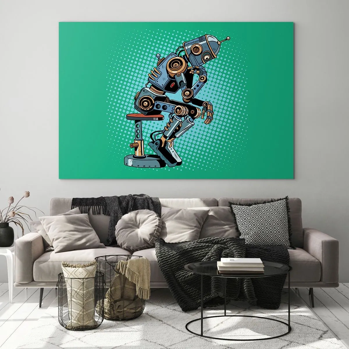 Cuadro sobre vidrio - Impresiones sobre Vidrio - Un robot pensador sobre un fondo con patrón de arte pop verde. - 70x50cm - Sobre la esencia del ser - Decoración de pared moderna para salón y dormitorio ARTTOR