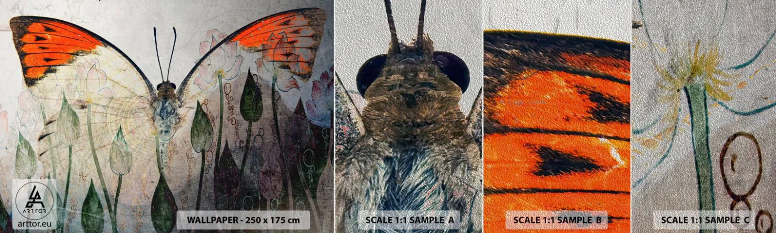 Muestra de fotomural Premium Sand - Donde la mariposa se mece en la hierba - Abstracción, Mariposa, Naturaleza - 100x30 cm