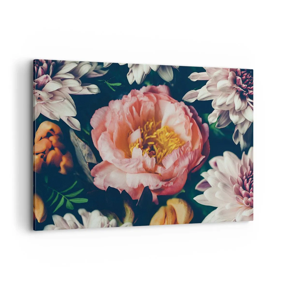 Cuadro sobre lienzo - Impresión de Imagen - Arreglo floral con peonías y crisantemos sobre fondo oscuro. - 100x70cm - Con esplendor barroco - Decoración de pared moderna para salón y dormitorio ARTTOR
