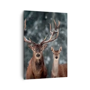 Cuadro sobre lienzo - Impresión de Imagen - Ciervos en un bosque invernal cubierto de nieve - 50x70cm - El señor y la señora del bosque - Decoración de pared moderna para salón y dormitorio ARTTOR