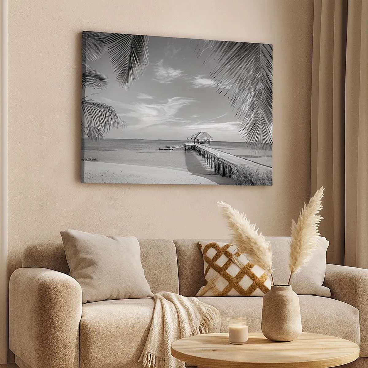 Cuadro sobre lienzo - Impresión de Imagen - Playa blanca y negra con muelle y palmeras en una costa tropical - 70x50cm - ¿Un recuerdo o un sueño? - Decoración de pared moderna para salón y dormitorio ARTTOR