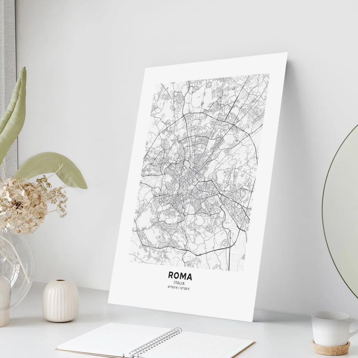 Póster - Mapa en blanco y negro de Roma con calles y monumentos detallados - 50x70cm - El círculo romano - Decoración de pared moderna para salón y dormitorio ARTTOR
