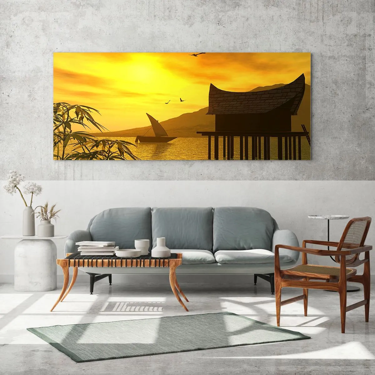 Cuadro sobre vidrio - Impresiones sobre Vidrio - Puesta de sol tropical sobre el agua con casa de madera sobre pilotes. - 140x50cm - La ansiada paz - Decoración de pared moderna para salón y dormitorio ARTTOR