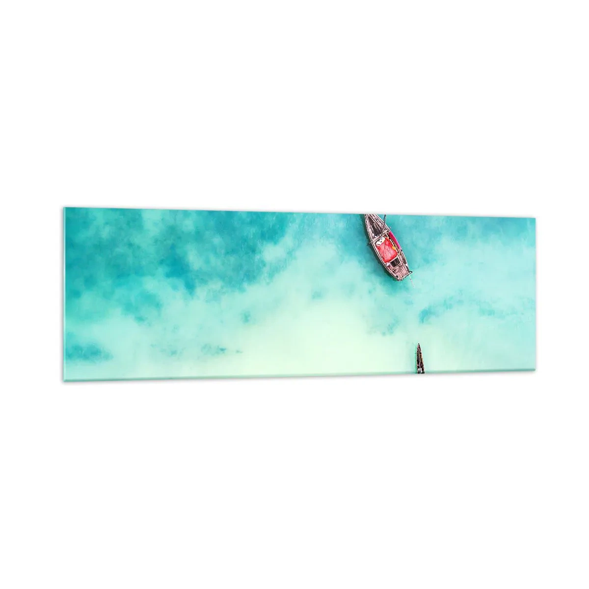 Cuadro sobre vidrio - Impresiones sobre Vidrio - Barcos en aguas turquesas vistos a vista de pájaro - 160x50cm - Porque en las playas de Zanzíbar, cuando las aguas se desbordan... - Decoración de pared moderna para salón y dormitorio ARTTOR