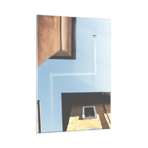 Cuadro sobre vidrio - Impresiones sobre Vidrio - Un avión sobre la ciudad visto desde un patio entre casas de vecindad. - 50x70cm - Por encima del laberinto urbano - Decoración de pared moderna para salón y dormitorio ARTTOR