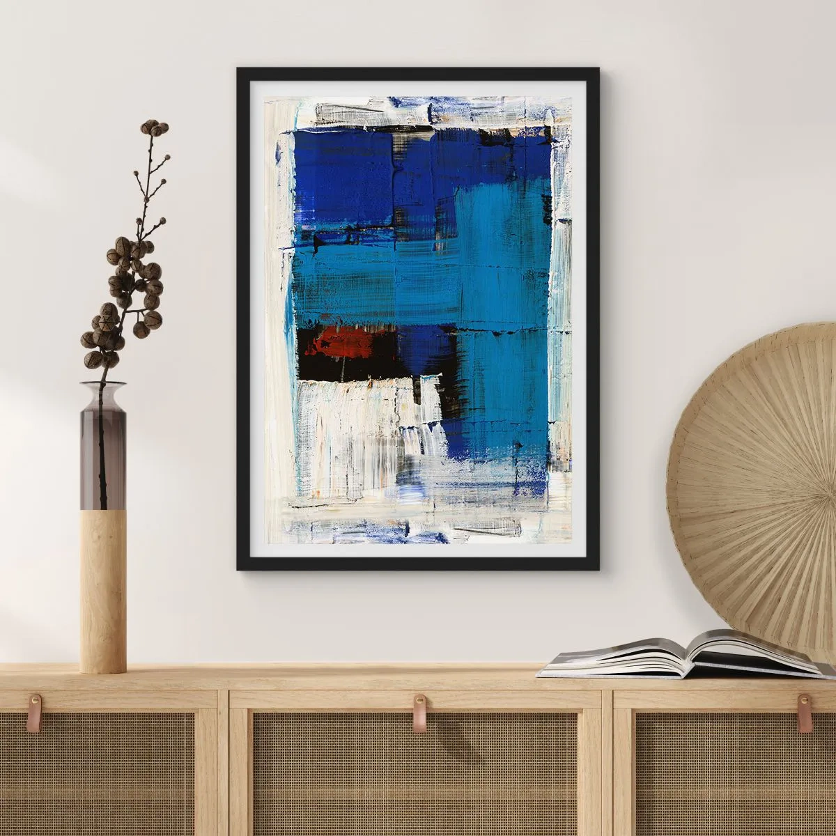Póster en marco negro - Composición abstracta en tonos azules y blancos. - 50x70cm - El secreto del azul - Decoración de pared moderna para salón y dormitorio ARTTOR