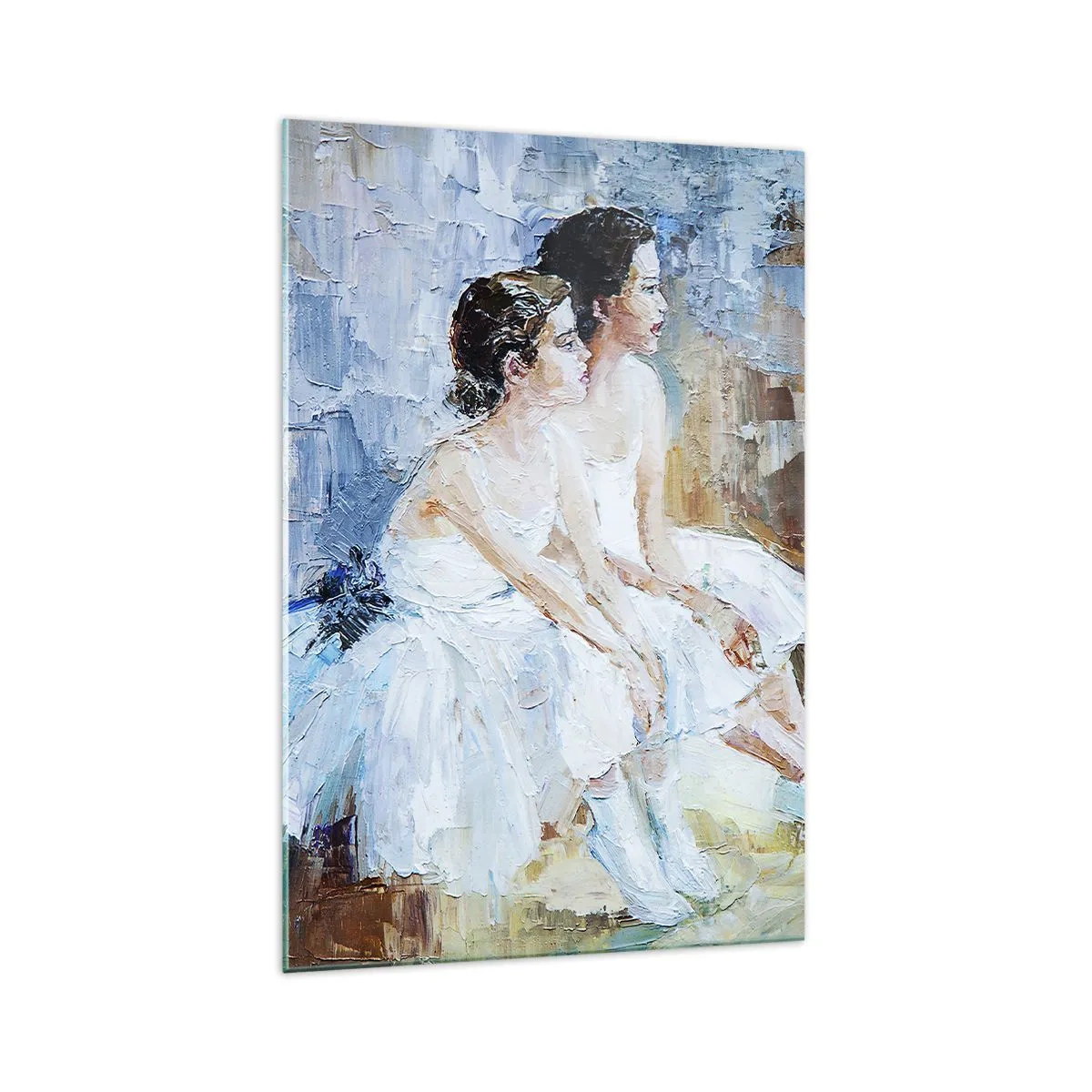 Cuadro sobre vidrio - Impresiones sobre Vidrio - Dos bailarinas vestidas de blanco se relajan sobre un fondo pastel. - 70x100cm - Cisnes jóvenes descansando - Decoración de pared moderna para salón y dormitorio ARTTOR