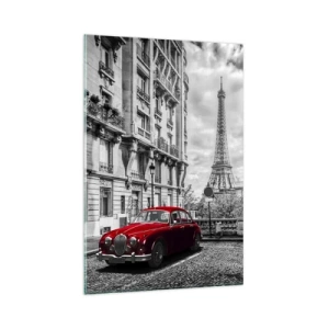 Cuadro sobre vidrio - Impresiones sobre Vidrio - Un coche rojo con la Torre Eiffel al fondo en un entorno en blanco y negro. - 80x120cm - Un depredador en la ciudad - Decoración de pared moderna para salón y dormitorio ARTTOR