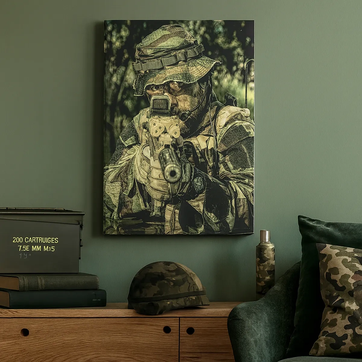 Cuadro sobre lienzo - Impresión de Imagen - Un soldado camuflado apunta a través del agua. - 50x70cm - El mejor de entre la élite - Decoración de pared moderna para salón y dormitorio ARTTOR