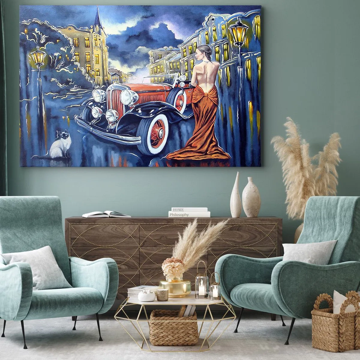 Cuadro sobre lienzo - Impresión de Imagen - Una mujer con un vestido elegante junto a un coche retro por la noche. - 120x80cm - Noche de romanticismo - Decoración de pared moderna para salón y dormitorio ARTTOR