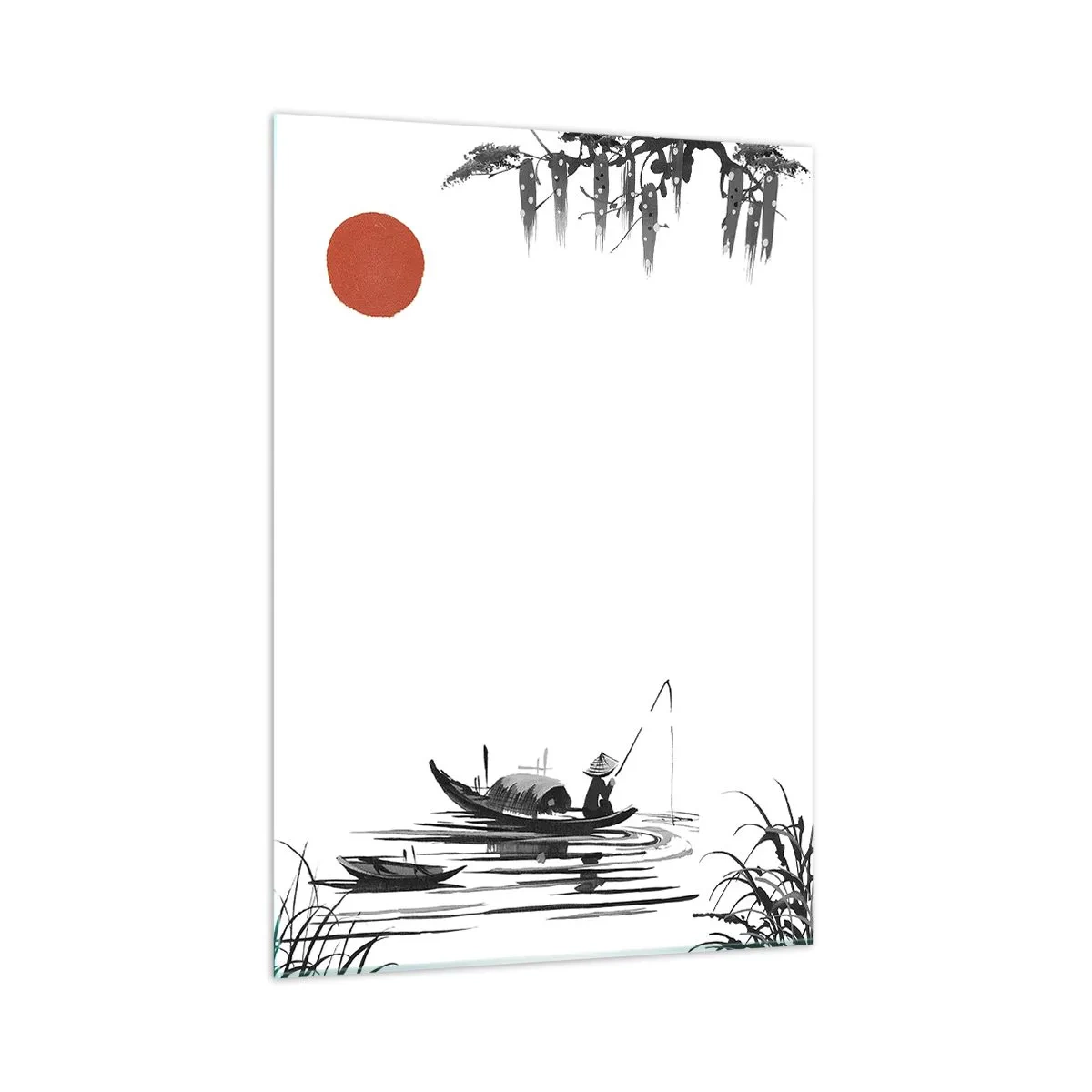 Cuadro sobre vidrio - Impresiones sobre Vidrio - Barco de pesca tradicional en un río con un sol rojo. - 50x70cm - Una tarde asiática - Decoración de pared moderna para salón y dormitorio ARTTOR